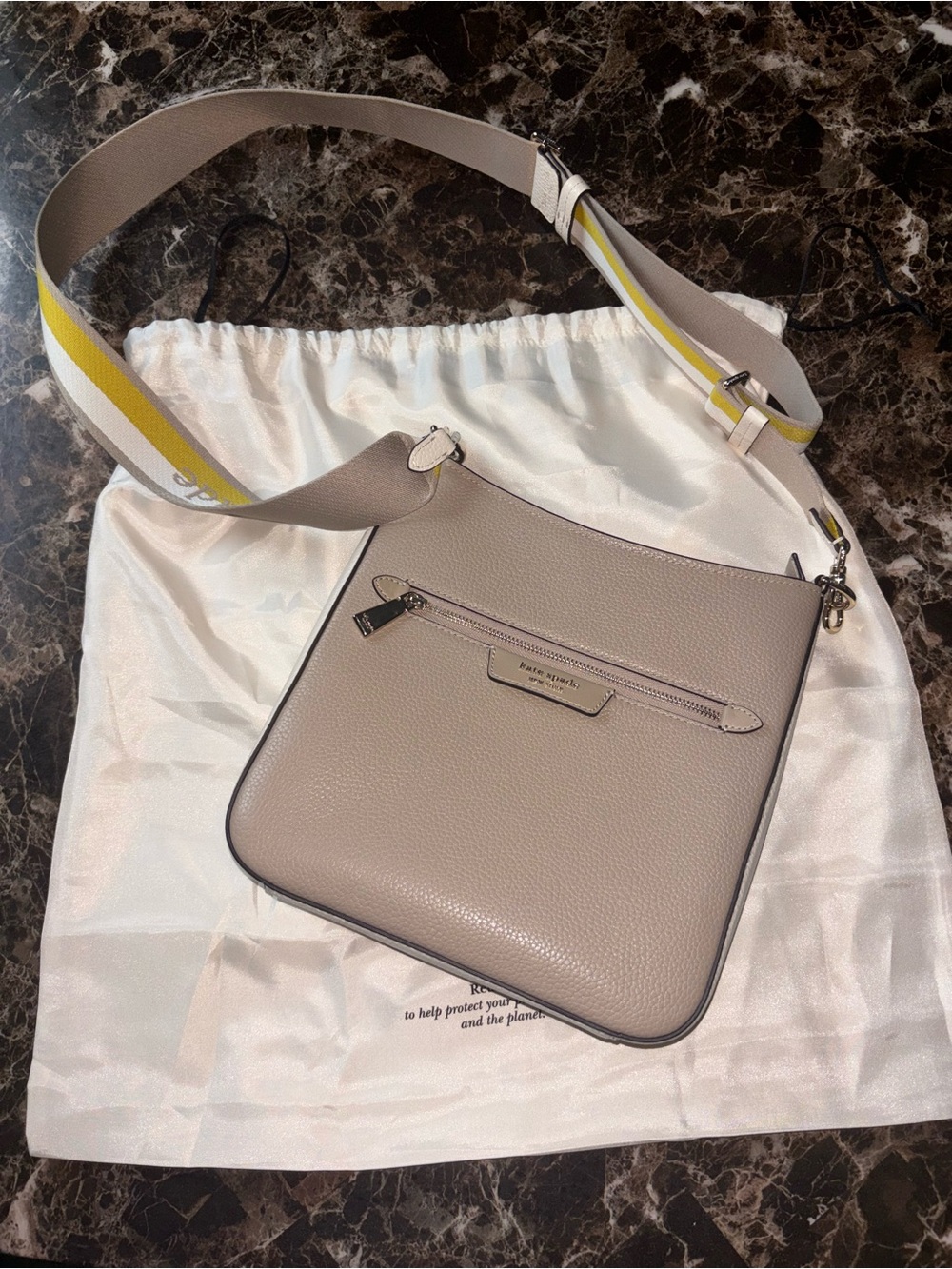 Kate Spade - Pebbled Leather Crossbody in Taupe with Yellow-Striped Strap